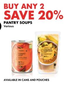 WOOLWORTHS PANTRY SOUPS Various Buy Any 2 Save 20%