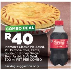 Pieman's Classic Pie Assorted PLUS Coca-Cola, Fanta, Sprite or Stoney Ginger Beer Assorted. Soft Drink 300 ml PET PER COMBO