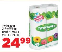 Twinsaver 2-Ply White Roller Towels 2's PER PACK