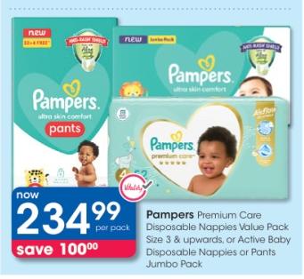 Pampers Premium Care Disposable Nappies Value Pack Size 3 & upwards, or Active Baby Disposable Nappies or Pants Jumbo Pack