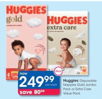 Huggies Disposable Nappies Gold Jumbo Pack or Extra Care Value Pack