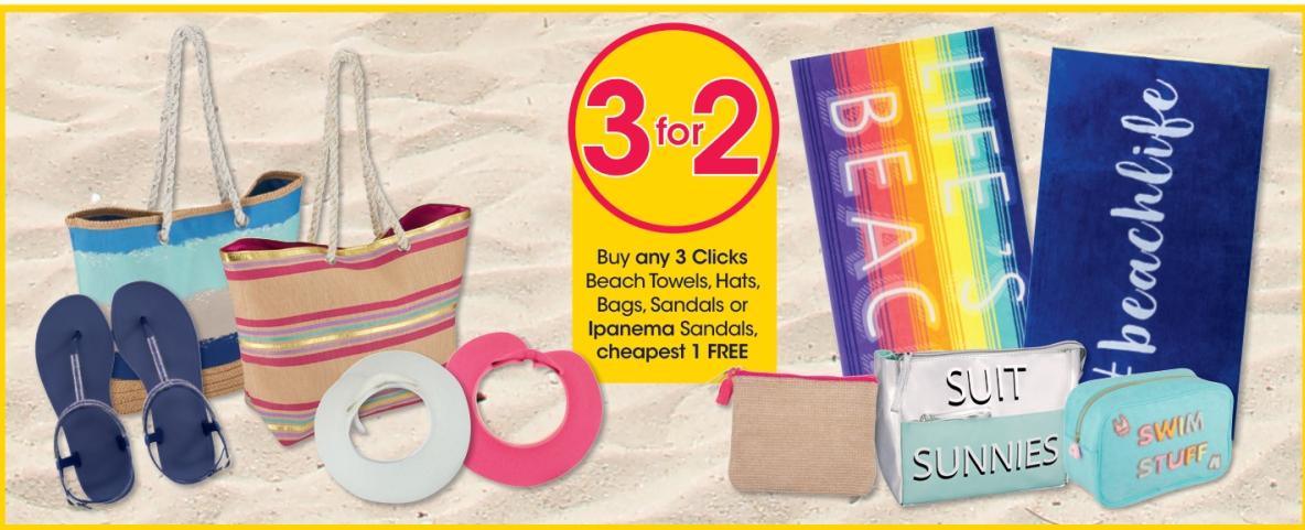 Buy any 3 Clicks Beach Towels, Hats, Bags, Sandals or Ipanema Sandals, cheapest 1 FREE