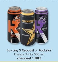 Buy any 3 Reboost or Rockstar Energy Drinks 500 ml, cheapest 1 FREE