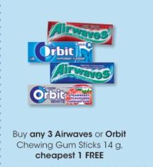 Buy any 3 Airwaves or Orbit Chewing Gum Sticks 14 g, cheapest 1 FREE