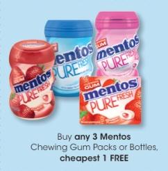 Buy any 3 Mentos Chewing Gum Packs or Bottles, cheapest 1 FREE