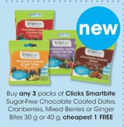 Clicks Smartbite Sugar-Free Chocolate Coated Dates, Cranberries, Mixed Berries or Ginger Bites