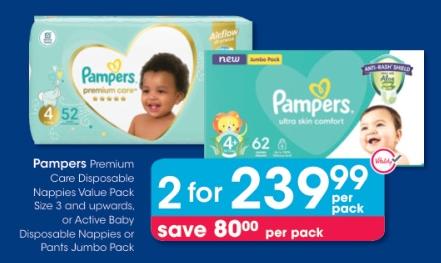 Pampers Premium Care Disposable Nappies Value Pack Size 3 and upwards, or Active Baby Disposable Nappies or Pants Jumbo Pack