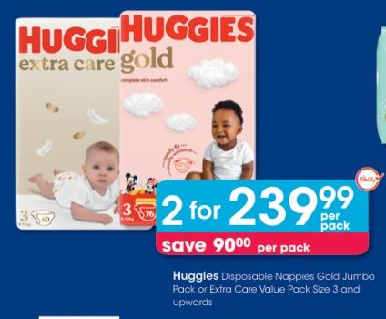 Huggies Disposable Nappies Gold Jumbo Pack or Extra Care Value Pack Size 3 and upwards