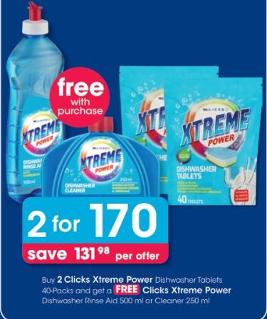 Buy 2 Clicks Xtreme Power Dishwasher Tablets 40 Pack And Get a Free Clicks Xtreme Power Dishwasher Rinse And 500ml Or Cleaner 250ml