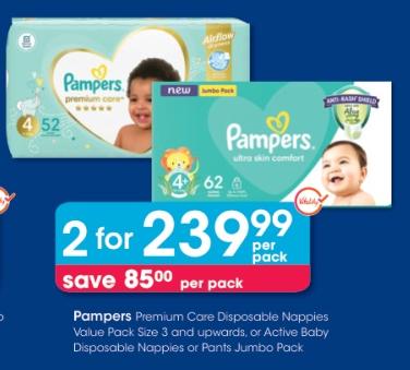 Pampers Premium Care Disposable Nappies Value Pack Size 3 and upwards, or Active Baby Disposable Nappies or Pants Jumbo Pack