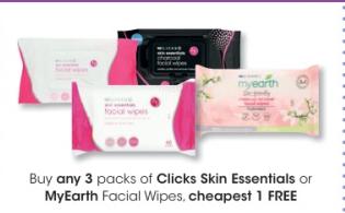 Buy Any 3 Pack Of Clicks Skin Essentials Or My Earth Facial Wipes Cheapest 1 Free