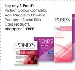 Buy Any 3 Pond's Perfect Colour Complex, Age Miracle or Flawless Radiance Facial Skin Care Products Cheapest 1 Free