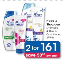 Head & Shoulders Shampoo 400ml or Conditioner 275ml