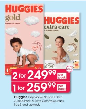 Huggies Disposable Nappies Gold Jumbo Pack or Extra Care Value Pack Size 3 and Upwards