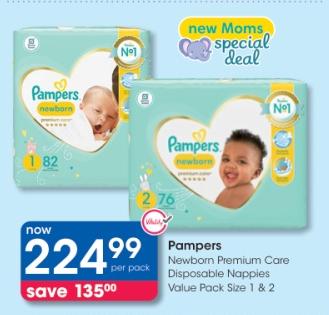 Pampers Newborn Premium Care Disposable Nappies Value Pack Size 1 & 2