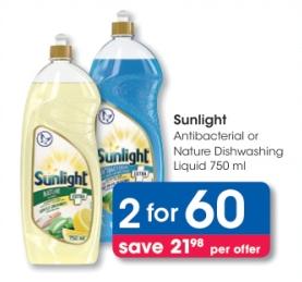 Sunlight Antibacterial or Nature Dishwashing Liquid 750ml