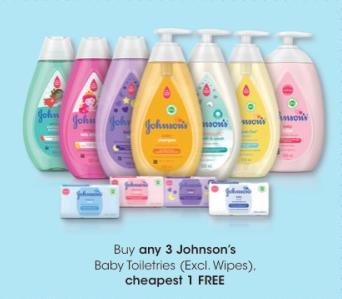 Buy any 3 Johnson's Baby Toiletries (Excl. Wipes). cheapest 1 FREE