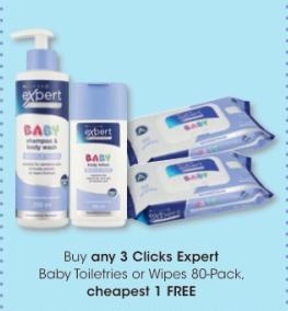 Buy any 3 Clicks Expert Baby Toiletries or Wipes 80-Pack, cheapest 1 FREE