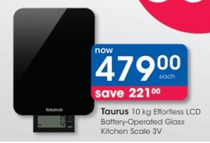 Taurus 10 kg Effortless LCD Battery-Operated Glass Kitchen Scale 3V 