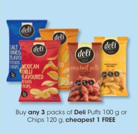 Buy any 3 packs of Deli Putts 100 g or Chips 120 g. cheapest 1 FREE