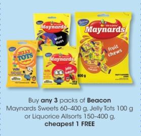 Buy any 3 packs of Beacon Maynards Sweets 60-400 g. Jelly Tots 100 g or Liquorice Allsorts 150-400 g cheapest 1 FREE