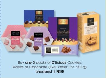 Buy any 3 packs of D'licious Cookies, Waters or Chocolate (Excl. Water Tins 370 g). cheapest 1 FREE