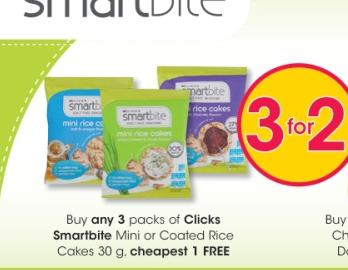 Buy any 3 Pack Of clicks Smartbite Mini or Coated Rice Cakes 30 gm Cheapest 1 Free 