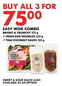 Easy Wok Combo - Bright & Crunchy 375g, Fresh Egg Noodles 250g, Thai Coconut Sauce 100g