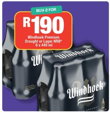 Windhoek Premium Draught or Lager 6 x 440 ml