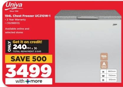 Univa 194L Chest Freezer UC210W-1, 2 Year Warranty