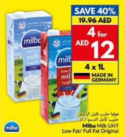 Milba Milk UHT Low Fat/Full Fat Original 4 x 1L