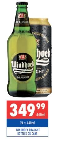 Windhoek Draught Bottles or Cans 24 x 440ml