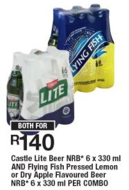 Castle Lite Beer NRB 6 x 330 ml AND Flying Fish Pressed Lemon or Dry Apple Flavoured Beer NRB 6 x 330 ml PER COMBO