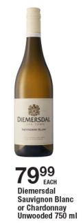 Diemersdal Sauvignon Blanc or Chardonnay Unwooded 750 ml