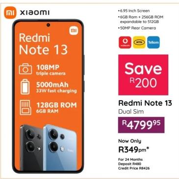 Redmi Note 13 with 108MP triple camera, 5000mAh battery, and 33W fast charging.