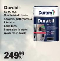 Duram Durabit Seal behind tiles in showers, bathrooms & kitchens Long term immersion in water Available in black 5L