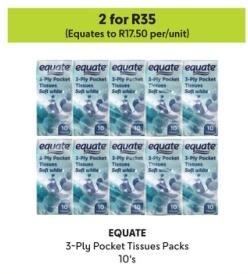 EQUATE 3-Ply Pocket Tissues Packs 10's