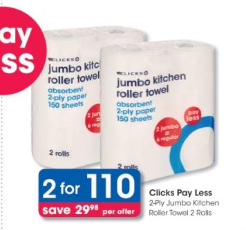 Clicks Pay Less 2-Ply Jumbo Kitchen Roller Towel 2 Rolls