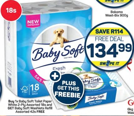 Buy 1x Baby Soft Toilet Paper White 2-ply Assorted 18s and GET Baby Washlets Refill Assorted 42s FREE