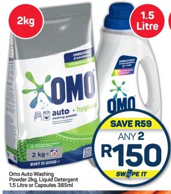 Omo Auto Washing Powder 2kg, Liquid Detergent 1.5 Litre or Capsules 385ml