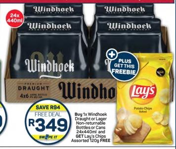 Buy 1x Windhoek Draught or Lager Non-returnable Bottles or Cans 24x440ml and GET Lay's Chips Assorted 120g FREE