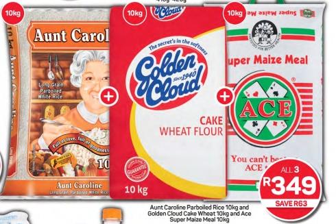  Aunt Caroline Parboiled Rice 10kg and Golden Cloud Cake Wheat 10kg and Aca Super Maize Moai 10kg
