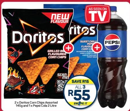 2x Doritos Corn Chips Assorted 145g and 1x Pepsi Cola 2 Litre