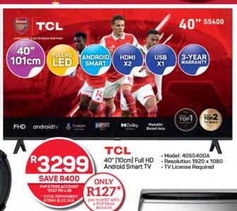 TCL 40" (10cm) Full HD Android Smart LED TV Model: 40S5400A