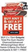 BUY 2 x 75ml Colgate Total Pro Gum Health/ Charcoal/Advanced Whitening/Clean Mint/ Vitamin C/Sensi Pro Reliet Toothpaste & GET 1 FREE