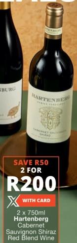 2 x 750ml Hartenberg Cabernet Sauvignon Shiraz Red Blend Wine