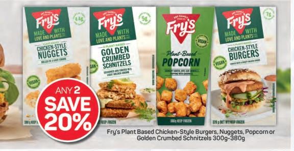Fry's Plant Based Chicken-Style Bus , Nuggets, Popcorn or Golden Crumbed 300g-380g Any 2