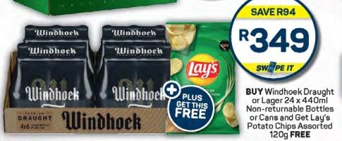 BUY Windhoek Draught or Lager 24 x 440ml Non-returnable Bottles or Cans and Get Lays Potato Chips Assorted 120g FREE
