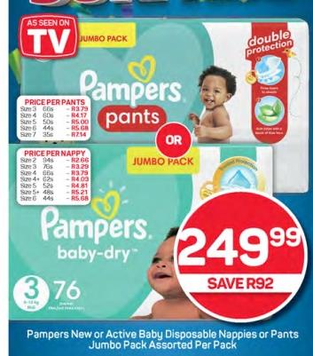 Pampers New or Active Baby Disposable Nappies or Pants Jumbo Pack Assorted Per Pack
