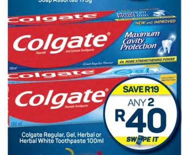 Colgate Regular, Gel, Herbal or Herbal White Toothpaste 100ml
